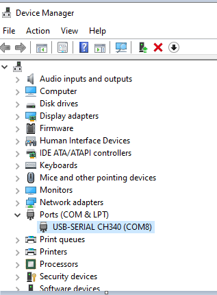 Find the port number for the CH340 device.