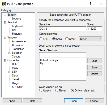 Configure Putty for serial